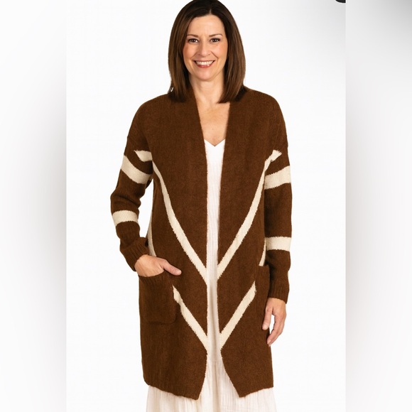 Newbury Kustom Chevron Knit Cardigan S Sweater Brown White Open Front Pockets - Picture 1 of 5